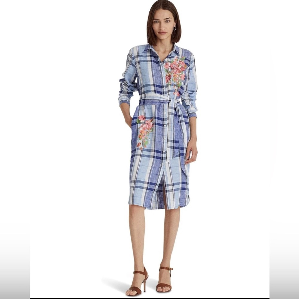 New Ralph Lauren Women's Petite Floral & Plaid Linen Shirtdress Blue Multi 8P